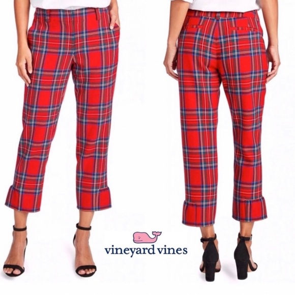 NWT Vineyard Vines Jolly Plaid Ruffle Cocktail Pant Calypso Red - Picture 4 of 8